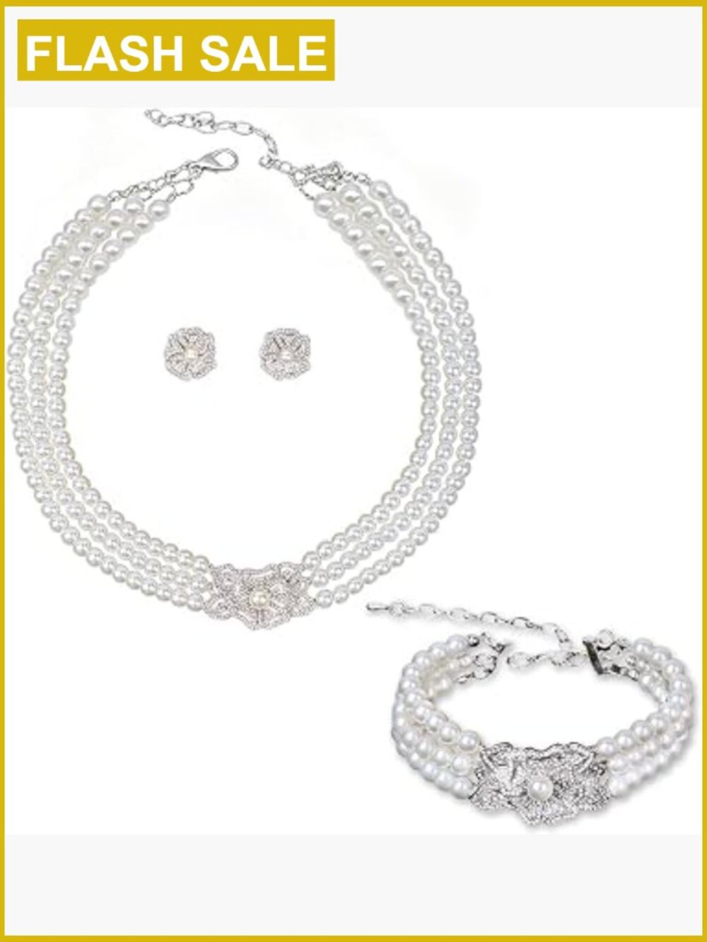 3 Piece Faux Pearl Bridal Jewelry Set Necklace Earrings Bracelet
